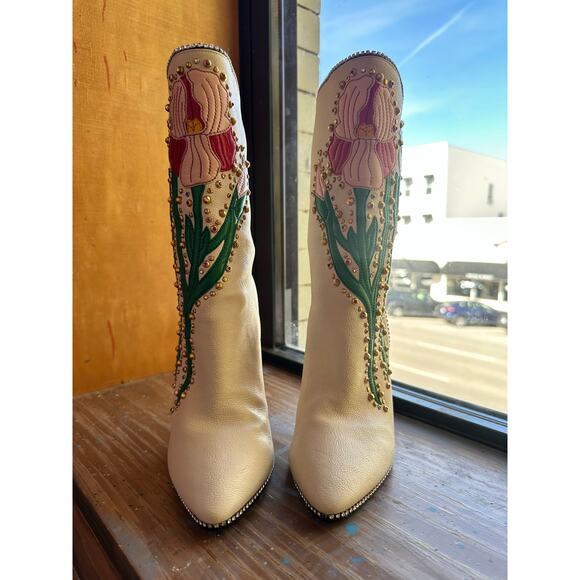 GUCCI Ivory Leather Floral ‘Fosca’ 2017 Pink Bottom Runway Booties Size 37 - Picture 11 of 16